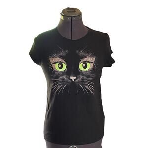 Place Graphic Short-Sleeve Black T-Shirt Junior Large Silver Glitter Cat T-Shirt